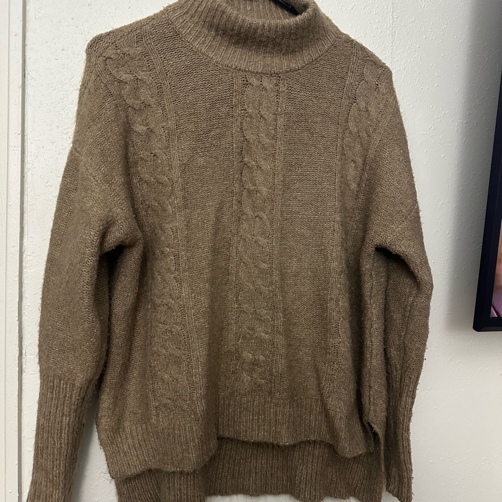 Olivia Sky Brown Cowl Neck Sweater with Cable Knit and Relaxed Fit